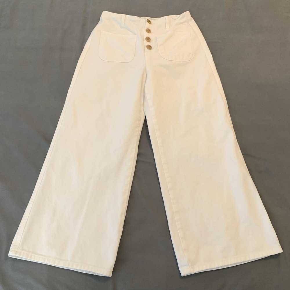Zara Pants Womens 6 White Cropped Wide Leg High Rise Button Front Twill Baggy